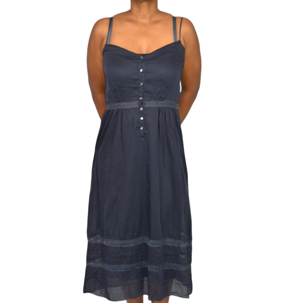 Forte Forte Midi Dress Blue Navy Cotton Voile Sheer Lace Pinafore Size Medium